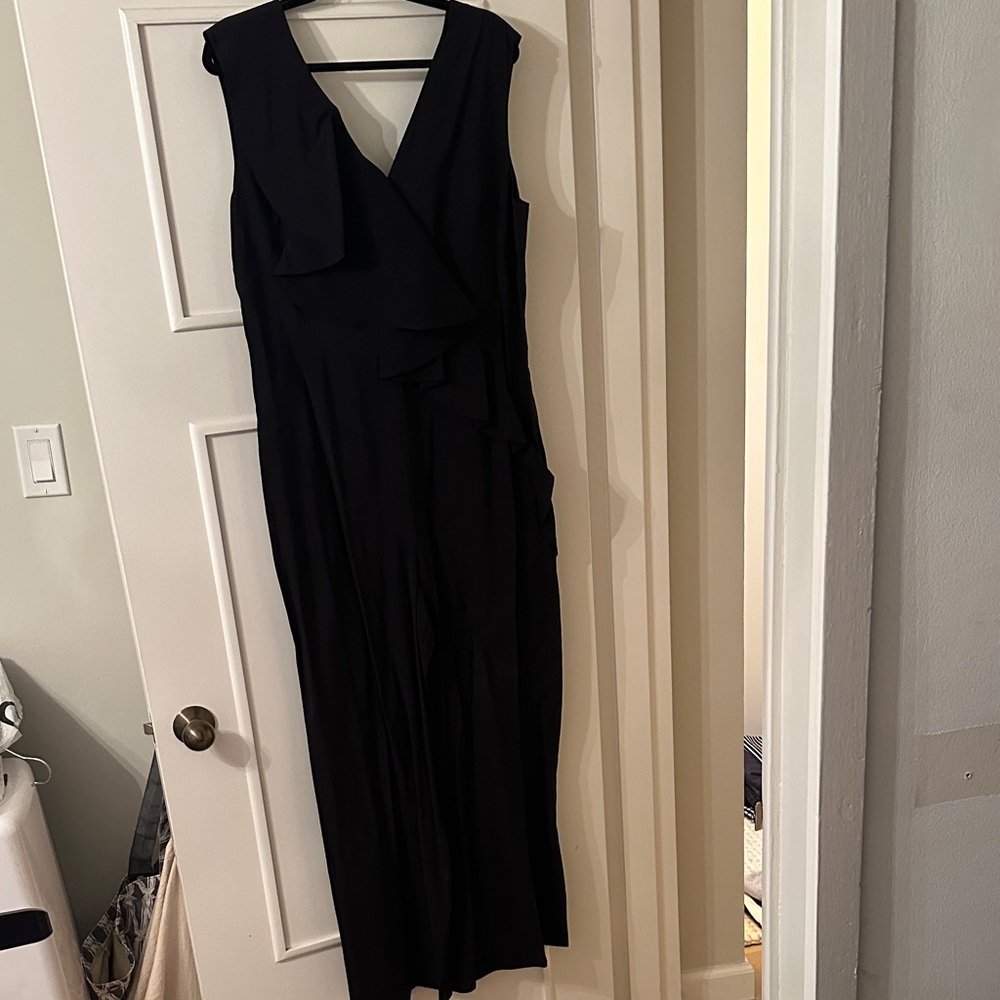 Elegant Black Sleeveless Pants Onsie with Flattering Front Ruffle